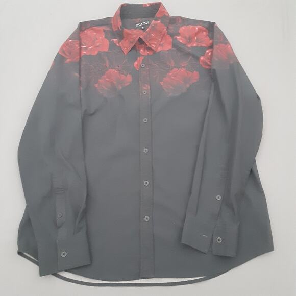 AFFLICTION BLACK LABEL Mens XL Embroidered Cross Rose Black Red Button Up Shirt - Picture 1 of 13